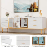 Garvee Fluted TV Stand with Storage Drawers for TVs Up to 75 Inch, Entertainment Center TV Table with LED Lights and Glass Door, Media Console with Faux Marble Top for Living Room, Bedroom, White Garvee