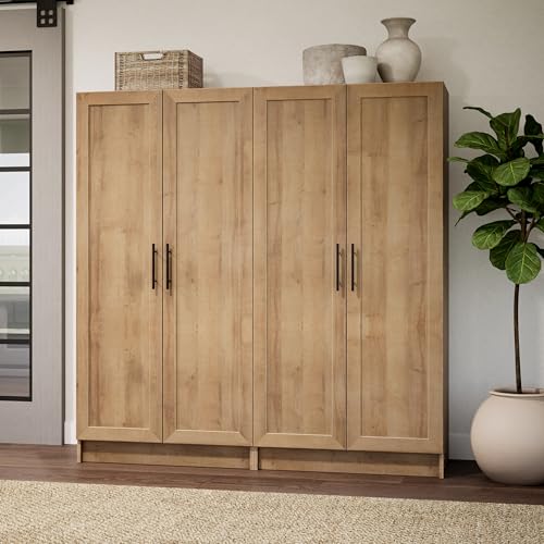Prepac Natural Oak Elite 65" Tall Accent Kitchen Pantry Cabinet, Craft or Bathroom Storage Cabinet, Buffet Storage with Panel Doors, 3 Shelves, 32" W x 16.75" D x 65" H, Ideal for Home Organization Prepac