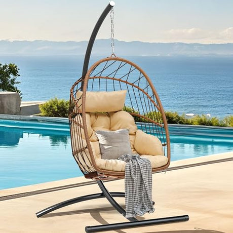 DWVO Egg Chair with Stand, Hanging Outdoor Rattan Wicker Patio Hammock Indoor Egg Chair with Cushion, Hanging Swing Chair 300lbs for Porch, Garden, Bedroom, Balcony, Beige DWVO