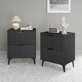 GRAINLLE Wood Night Stand Set 2 Fluted Dresser for Bedroom 2 Drawers End Tables Nightstands Set of 2, Storage Modern Bedside Table Set of 2, Black Nightstand GRAINLLE