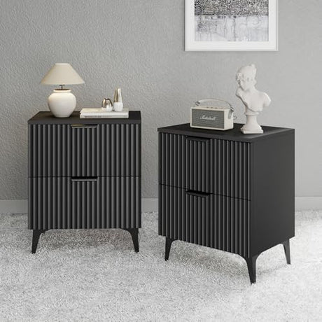 GRAINLLE Wood Night Stand Set 2 Fluted Dresser for Bedroom 2 Drawers End Tables Nightstands Set of 2, Storage Modern Bedside Table Set of 2, Black Nightstand GRAINLLE
