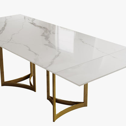 POVISON Extendable Dining Table 71''-95'', Marble Dining Room Table Large for 6-10, Modern Kitchen Table wiht White Marble Top & Luxury Gold Trestle Pedestal(Dining Table Only) - WoodArtSupply