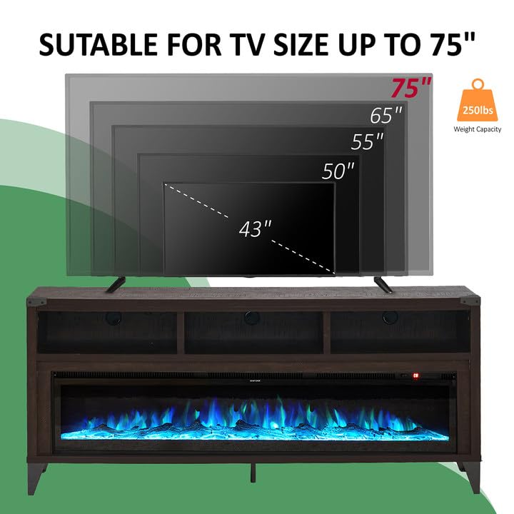 Amerlife 65" Fireplace TV Stand with 60" Glass Electric Fireplace, Industrial & Farmhouse Media Entertainment Center with Open Shelve Storage for TVs Up to 75", TV Console for Living Room, Espresso