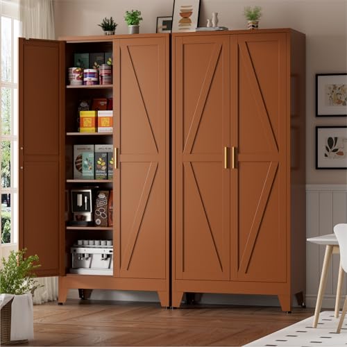 Brown Metal Storage Cabinet,71" Tall Farmhouse Storage Cabinets with 2 Morden Rhombus Doors and 4 Adjustable Shelves, Rustic Freestanding Cupboard for Kitchen,Home Office Living Room,Dining Room XIOMIOHTRQ