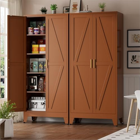Brown Metal Storage Cabinet,71" Tall Farmhouse Storage Cabinets with 2 Morden Rhombus Doors and 4 Adjustable Shelves, Rustic Freestanding Cupboard for Kitchen,Home Office Living Room,Dining Room XIOMIOHTRQ