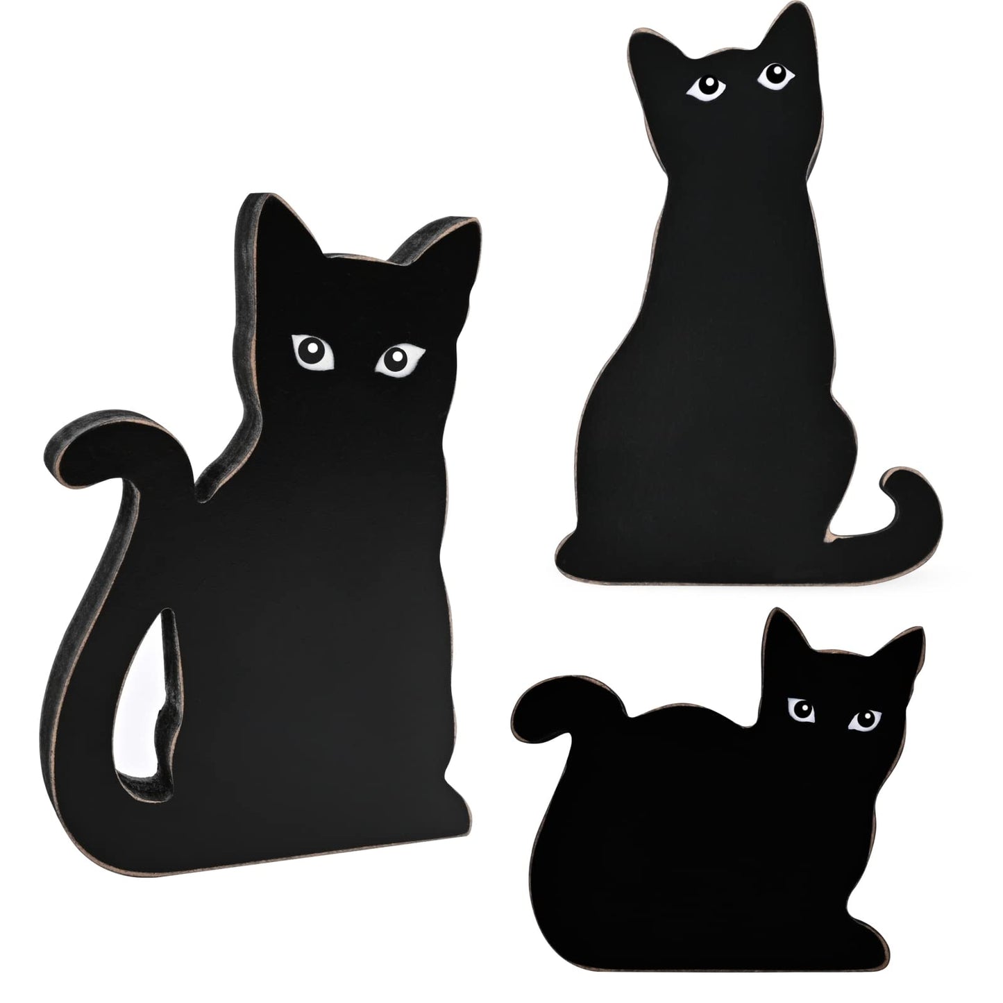 MEKOUZON Halloween Wooden Black Cat Decorations, Set of 3 Fall Cats Figurines Ornaments for Tiered Tray, Shelf and Fireplace Decor, Farmhouse Halloween Cats for Cat Lovers, Office Supplies