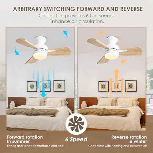 Mpayel 30" Small Ceiling Fan with Light - Wood Flush Mount Ceiling Fan with Dimming and Memory Function, Noiseless DC Motor, Farmhouse Ceiling Fans for Indoor, Bedroom, Kitchen - White - WoodArtSupply