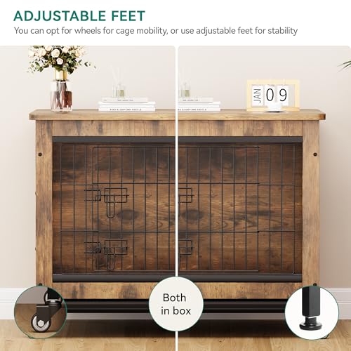 YITAHOME Dog Crate Furniture with Cushion, Dog Kennel Indoor with Wheels, Dog Crate End Table with Tray, 27" Dog Cage with Double Doors for Small Dog (Rustic Brown) YITAHOME