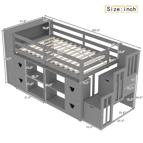 PVWIIK Twin Size Low Loft Bed with Storage Shelves & Headboard and Side Ladder,Sturdy Bed Frame w/Clothes Drying Rack,Festival Gifts,Grey PVWIIK