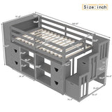 PVWIIK Twin Size Low Loft Bed with Storage Shelves & Headboard and Side Ladder,Sturdy Bed Frame w/Clothes Drying Rack,Festival Gifts,Grey PVWIIK