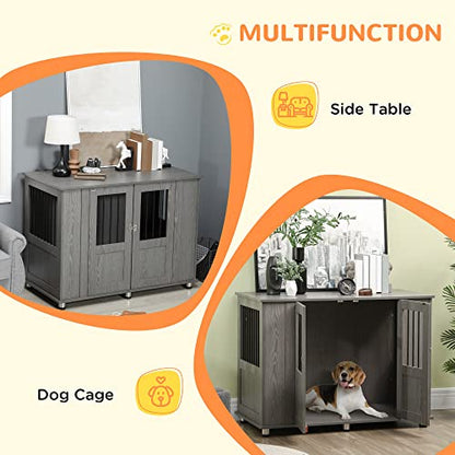 PawHut Dog Crate Furniture, Wooden End Table Furniture with Lockable Magnetic Doors, Extra Large Size Pet Kennel Indoor Animal Cage, Gray - WoodArtSupply