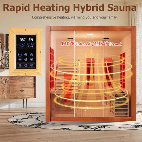 Wood Home Hybrid Sauna for 3 Person, Far Infrared & Steam Dual System Indoor Traditional Saunas, 3KW 9 Heating Elements and 6KW Heating Stove, Speaker, Oxygen Bar, Water Bucket, Rocks, Red Cedar Smartmak