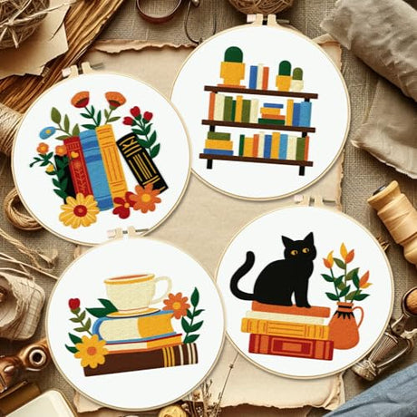 BEUNITONE Flower Embroidery Kit for Beginners 4 Pack Embroidery Starter Kit for Adult Cat Plant Books Pattern Stamped Cross Stitch Set with Instructions Embroidery Hoops Easy for DIY Craft 7.9'' BEUNITONE