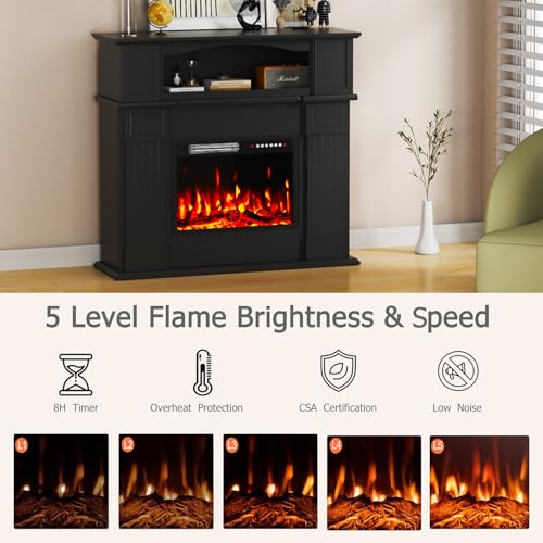 PRETZI 43" Electric Fireplace with Mantel, Wooden Black Electric Fireplace Surround with Mantel, Freestanding Faux 23" Fireplace Insert for Living Room with Remote Control, Adjustment 3D Led Flame PRETZI
