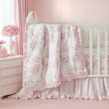 Brandream French Country Toile Crib Bedding Set for Girls Vintage Pink Grandmillennial Floral Print 100% Cotton Baby Girl Nursery Bedding - Ruffles Quilt,Toile Crib Sheet,Crib Bed Skirt 3 Pieces Brandream