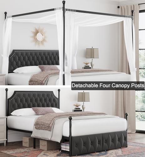 Keyluv Full Upholstered Canopy Bed Frame with 2 Storage Drawers & Button Tufted Headboard, Metal Platform Bed with 4 Removable Posts, Two-Purpose Velvet Bed, Dark Grey/Curtain Not Included
