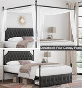 Keyluv Full Upholstered Canopy Bed Frame with 2 Storage Drawers & Button Tufted Headboard, Metal Platform Bed with 4 Removable Posts, Two-Purpose Velvet Bed, Dark Grey/Curtain Not Included