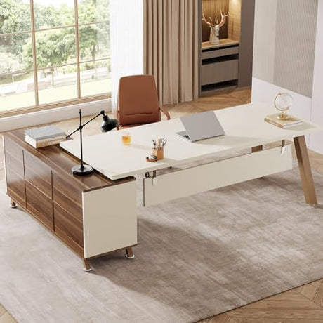 Tribesigns 78.7-Inch Executive Desk, L-Shaped Desk with 55-Inch Cabinet, Large Office Desk with Storage Shelves, Modern Computer Desk for Home Office, White & Walnut Tribesigns