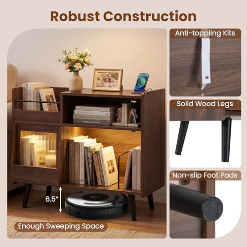 Giantex Large Record Player Stand with LED Light, Mid Century Modern Turntable Stand w/Sliding Door, Charging Station & Solid Wood Leg, Record Player Table, Vinyl Record Storage for Living Room, Walnut Giantex