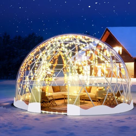 12FT Garden Dome Tent, Geodesic Dome Greenhouse with PVC Clear Cover, Waterproof Garden Bubble Dome Tent House with 2 x 10M Light Strings for Outdoor, Patio, Party (White Edge, 12.5FT/3.8M) MAPONEEN