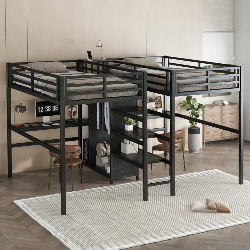 Harper & Bright Designs Double Loft Bed Twin Size with Desk and Wardrobe for 2, Heavy Duty Metal Loft Bed Frame with Storage Shelf and Electrical Outlet, Black Harper & Bright Designs