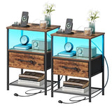 TRIFEBLE Night Stand Set 2, End Table with Charging Station, LED Bedside Table with Fabric Drawer for Bedroom, 3-Tier Side Table with Open Shelf, Rustic Brown TRIFEBLE