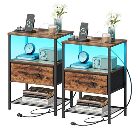 TRIFEBLE Night Stand Set 2, End Table with Charging Station, LED Bedside Table with Fabric Drawer for Bedroom, 3-Tier Side Table with Open Shelf, Rustic Brown TRIFEBLE