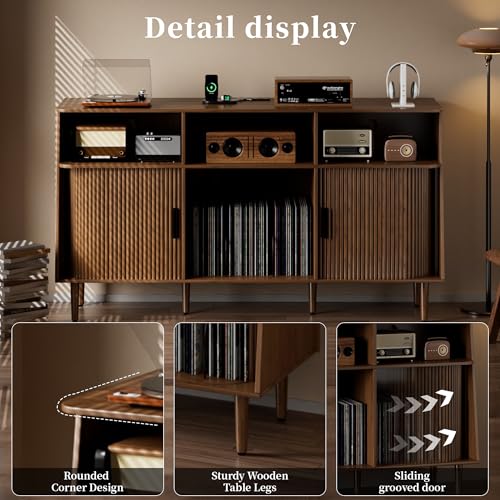 Record Player Stand with Vinyl Storage, Mid Century Modern Vinyl Storage Cabinet with Power Outlet and Sliding Doors, Turntable Stand Table Holds Up to 350 Albums for Living Room (walnut, 55.1"W) tauxkoi