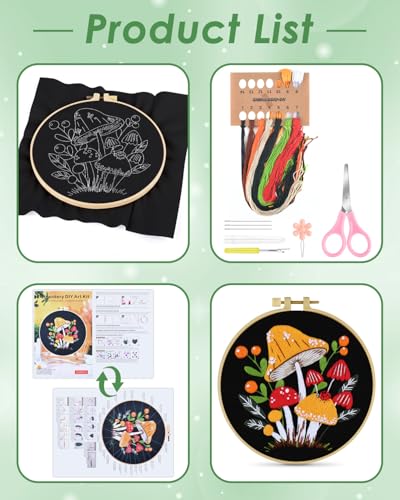 ERKOON Embroidery Kit for Beginners, Flower Cross Stitch Set for Include Embroidery Cloth Hoops Threads for Craft Lover Hand Stitch with Embroidery Skill Techniques (Mushroom) ERKOON