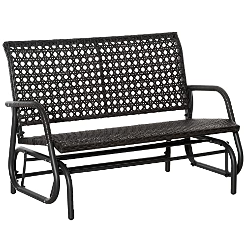 Outsunny 2-Person Outdoor Wicker Glider Bench, Patio Garden PE Rattan Swing Loveseat Chair with Extra Wide Seat and Curved Backrest for Porch, Backyard, Poolside, or Lawn, Dark Grey