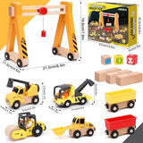 Atoylink 15PCS Kids Wooden Construction Toys with Magnetic Train Cars, Gantry Crane Bulldozer Roller Tow Truck Construction Site Vehicles Playset Gifts for 3 4 5 6 Year Old Toddlers Boys Atoylink