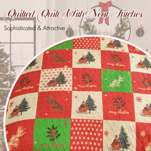 ROMROL Christmas Quilt Set King Size, Red Plaid Christmas Bedding Comforter Set Lightweight Patchwork Elks Quilted Coverlet Bedspread with 2 Pillow Shams（96 * 90”） ROMROL