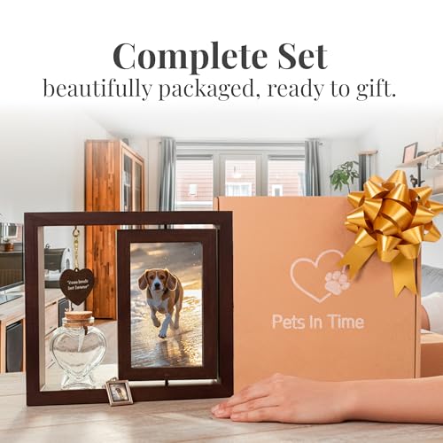 Pets in Time Dog Loss Memorial Frame – Pet Memorial with Ashes Keepsake, Rotating Double-Sided Photo Display for Dog or Cat, Pet Remembrance with Charm & Keychain