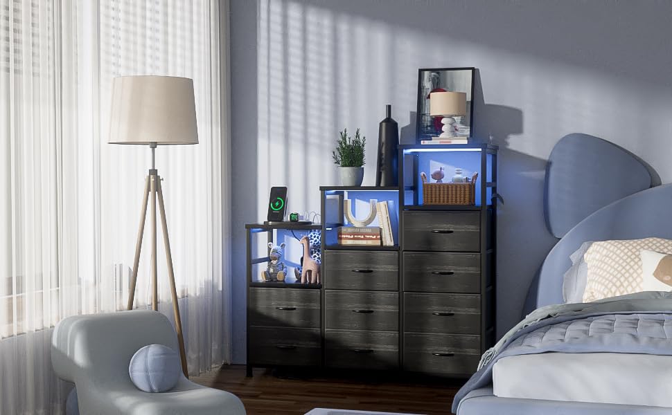 HPWLYO 9 Drawer Dresser with LED Light, Tall Fabric Drawers Dresser for Bedroom with Power Outlets, Dressers & Chests of Drawers with 3 Shelves for Bedroom HPWLYO