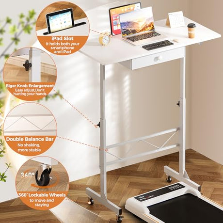 COMHOMA Small Standing Desk Adjustable Height Small Computer Desk Mobile Portable Rolling Laptop Table with Wheels 32" Computer Workstation Sit Stand Desks Portable Standing Table Treadmill desks COMHOMA
