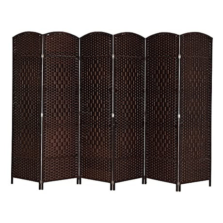VINGLI 6-Panels Tall Rattan Room Divider, 6 FT Folding Privacy Screen, Indoor Partition Wall Dividers, Freestanding Hinged Space Separator (Dark Brown) VINGLI