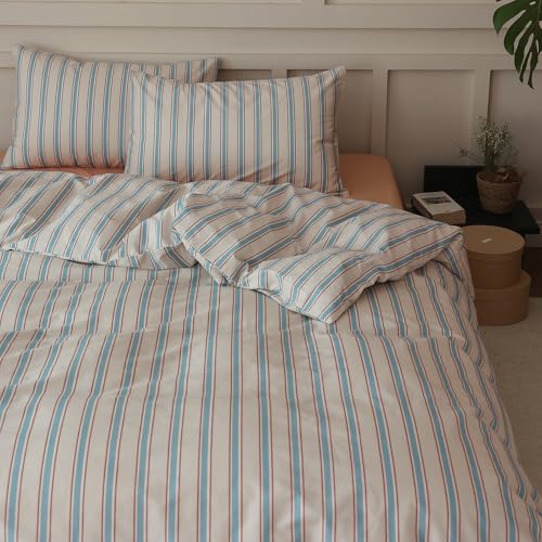 Blue Striped Duvet Cover Set Full 100% Cotton Retro Stripes Pattern 3 Pieces Bedding Set Blue Brown Striped Comforter Cover Minimalist Soft Breathable Duvet Cover with Zipper Closure & Corner Ties LifeTB