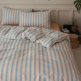 Blue Striped Duvet Cover Set Full 100% Cotton Retro Stripes Pattern 3 Pieces Bedding Set Blue Brown Striped Comforter Cover Minimalist Soft Breathable Duvet Cover with Zipper Closure & Corner Ties LifeTB