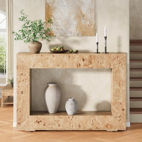 AMERLIFE 47.2" Burl Wood Console Table, Narrow Entryway Table with Storage, Modern Luxury Sofa Table for Living Room, Entrance, Hallway, Foyer & Office, Natural AMERLIFE