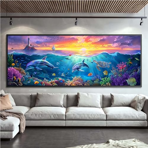 Wergund 5D DIY Large Diamond Art Kits for Adults Dolphin, Large Size Diamond Art Turtle Animal, Full Drill Crystal Rhinestone Embroidery Cross Stitch Arts Craft Canvas Home Wall Decor Gift 12x30Inch Wergund