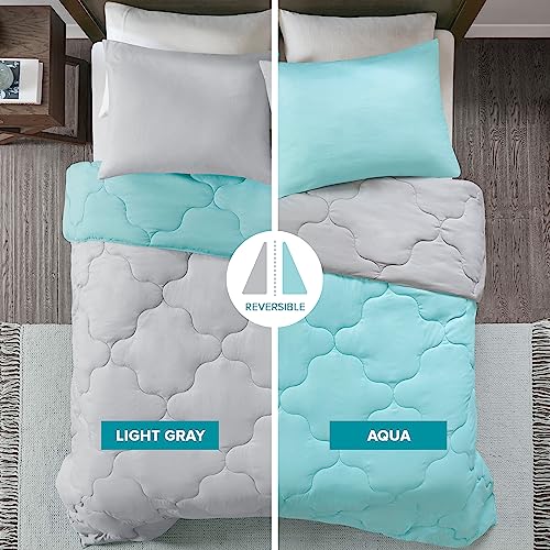 Comfort Spaces Vixie Reversible Comforter Set - Trendy Casual Geometric Quilted Cover, All Season Down Alternative Cozy Bedding, Matching Sham, Aqua/Gray, Full/Queen 3 piece Comfort Spaces