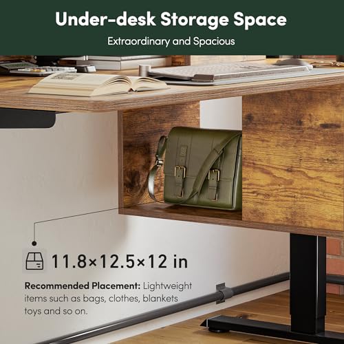 FEZIBO Whole-Piece Electric Standing Desk Adjustable Height with 3 Drawers, 48 x 24 inches Stand up Desk with Monitor Shelf, Sit Stand Rising Desk with Open Storage, Rustic Brown (2 Packages) - WoodArtSupply