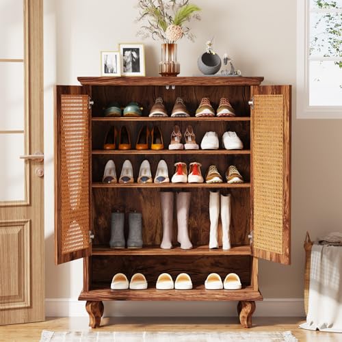 LITTLE TREE Rattan Shoe Cabinet for Entryway, 5-Tier Large Hidden Shoe Organizer Cabinet with Ventilated Doors, Modern 25-Pair Shoe Rack Closet Organizer Shoe Storage Cabinet for Bedroom LITTLE TREE