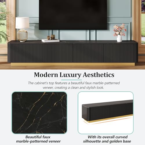 Fluted TV Stand for TVs Up to 85", Modern Entertainment Center with Drawers and Gold Base, Curved Profile TV Media Console Table with Faux Marble Tabletop for Living Room, Bedroom (Black) BEDGJH