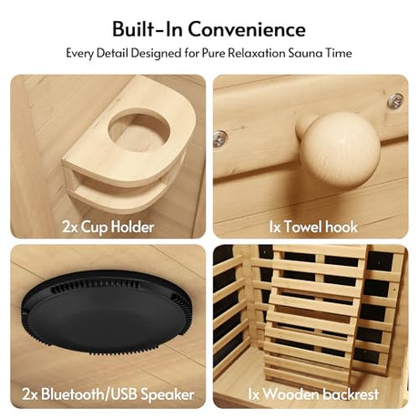 Rotihom Infrared Sauna at Home 1-2 Person with 7 Color Full Spectrum, Low EMF 1745W Fast Heating Canadian Hemlock Wood Sauna, Indoor Dry Sauna with Music Speakers for Home, Gym (3Lx3.3Wx6.3H Ft) Rotihom