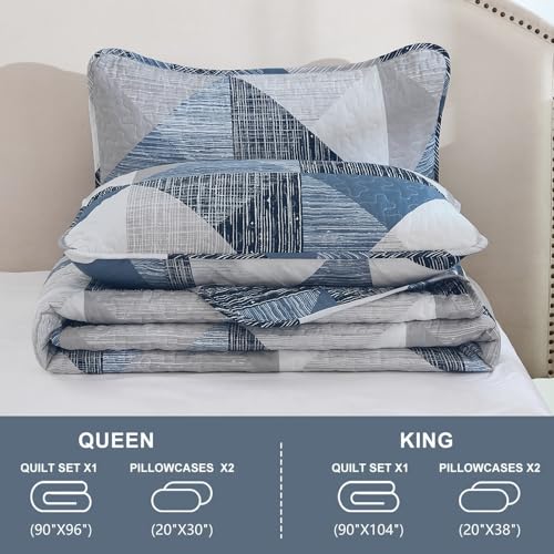 Dintszyayue King Size Quilt Blue, 3 Pieces Patchwork Bedspread Bedding for King Size Bed, Soft Lightweight Microfiber Geometric Coverlet Set for All Season Quilts with 2 Pillowcases Dintszyayue