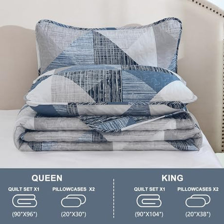 Dintszyayue King Size Quilt Blue, 3 Pieces Patchwork Bedspread Bedding for King Size Bed, Soft Lightweight Microfiber Geometric Coverlet Set for All Season Quilts with 2 Pillowcases Dintszyayue