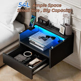 Loomie Black Floating Nightstands Set of 2, 18.9” Bedside Table w/Charging Station and LED Light, Floating Shelf with Drawer, Wall Mounted Night Stand for Bedroom, Entryway Wall. Loomie