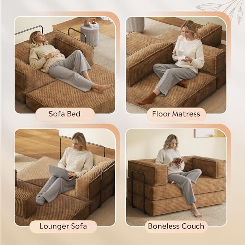 WLIVE 60'' Futon Sofa Bed, Convertible Sleeper Sofa, Folding Pull Out Couch Boneless Mattress with Fixed Frame, Corduroy, Brown WLIVE