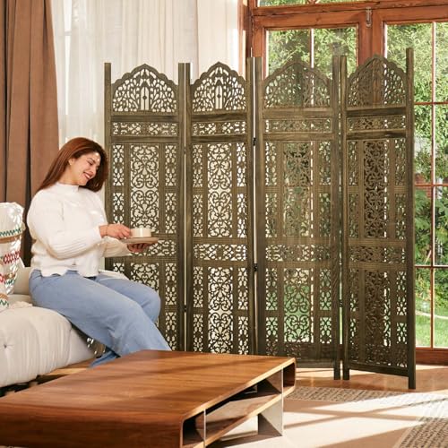 5.75Ft Room Divider Wood Screen, 33Lbs Durable Antiqued Style MDF Carved Headboard, Reversible Freestanding Folding Partition Paravent for Home Terrace, 69 * 71 inch(H*W) - 4 Panels (Antique Brown) Svimi
